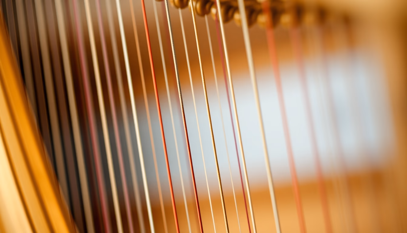 harp golden frame strings in editorial style