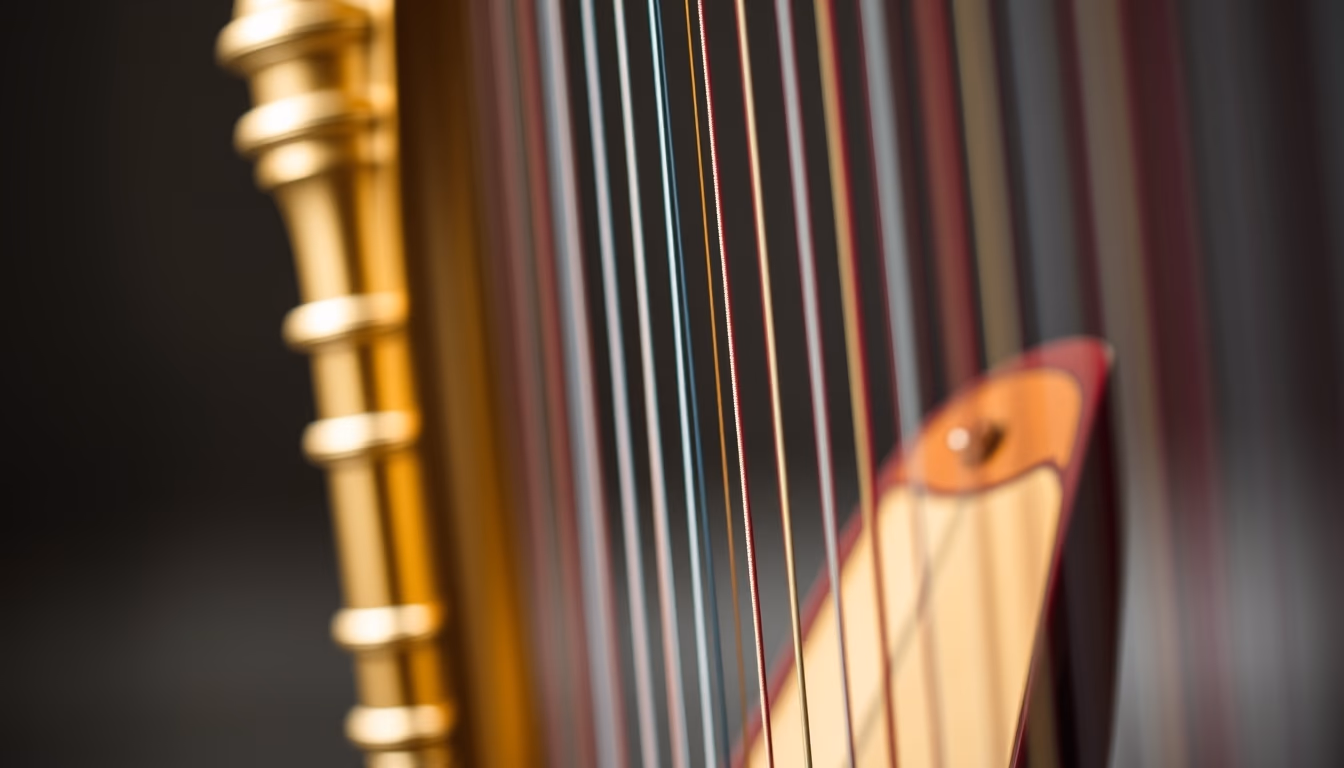 harp golden frame strings in editorial style