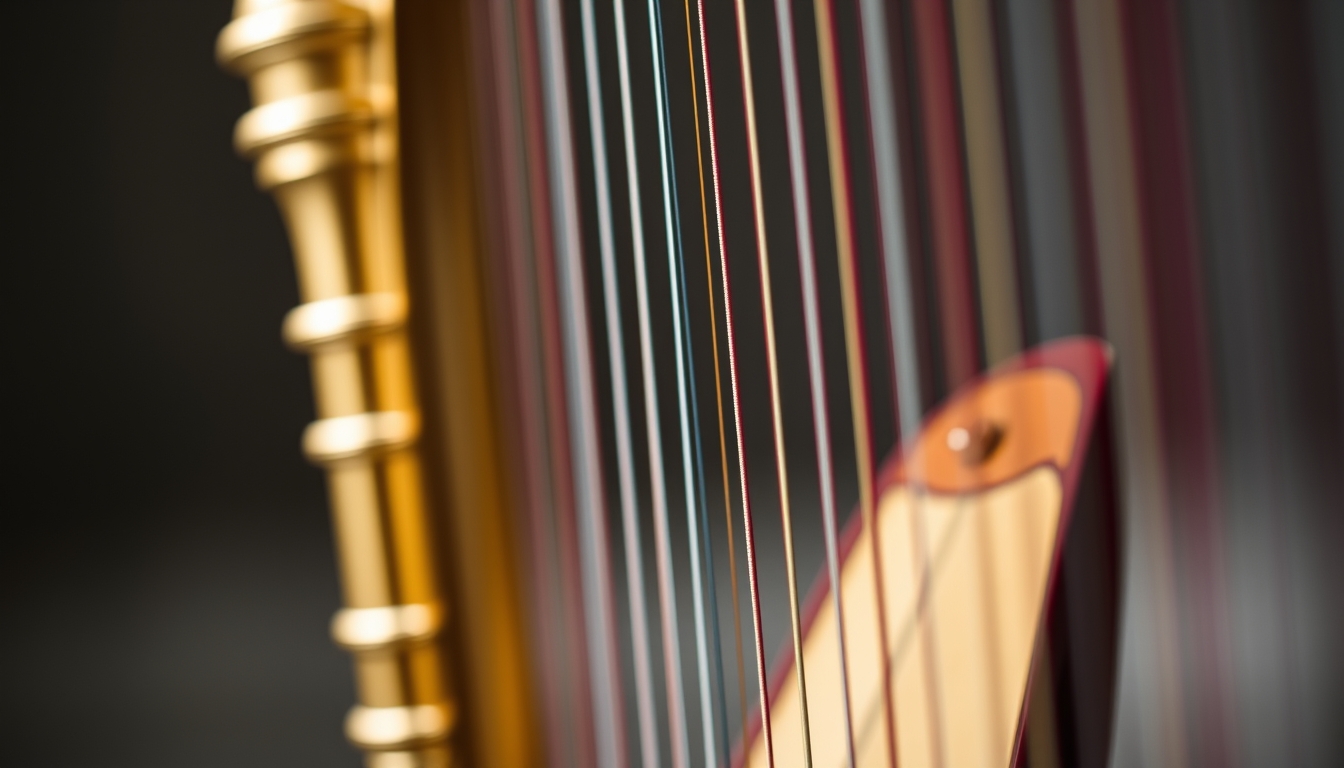 harp golden frame strings in editorial style