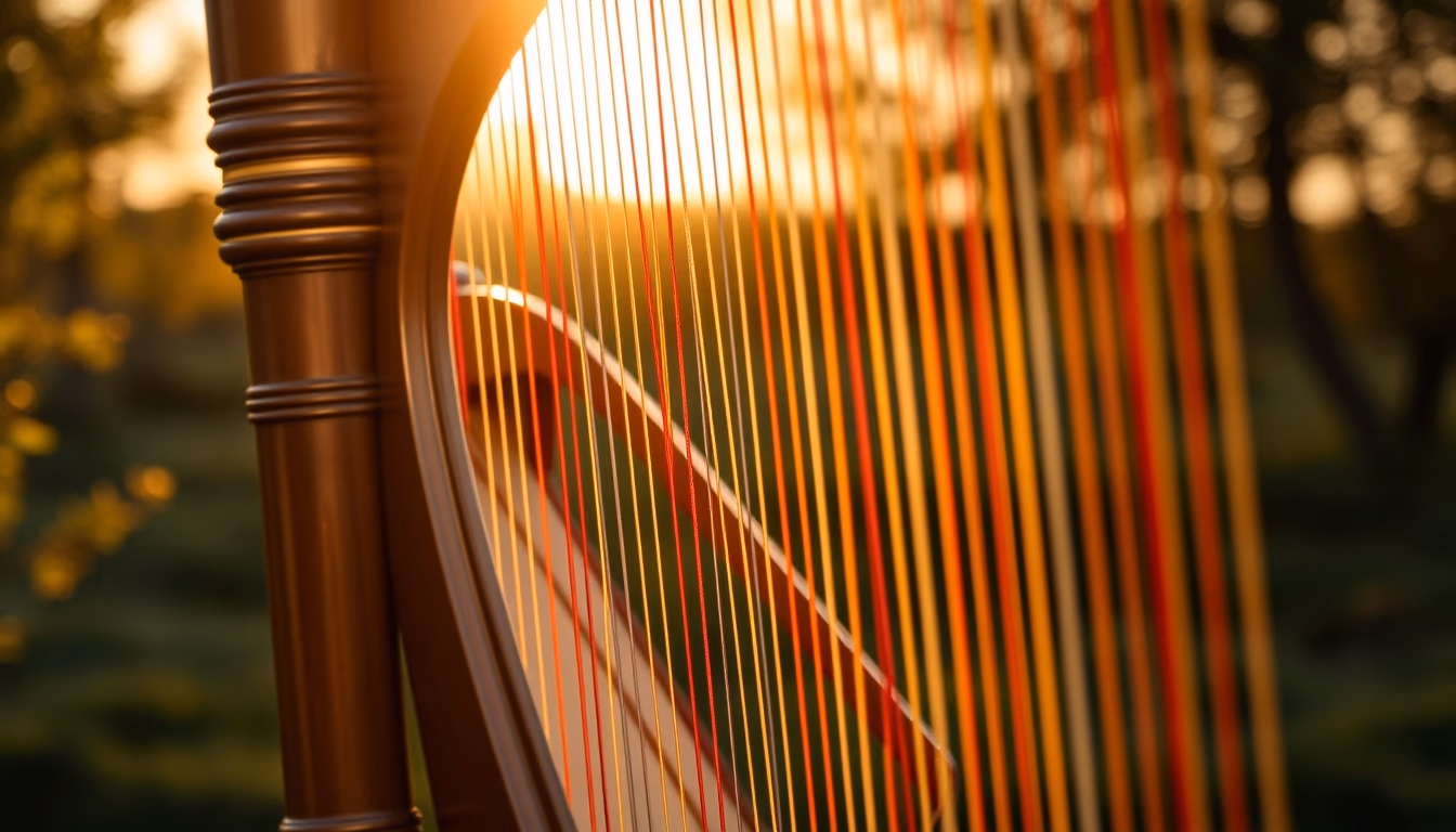 harp golden frame strings in editorial style