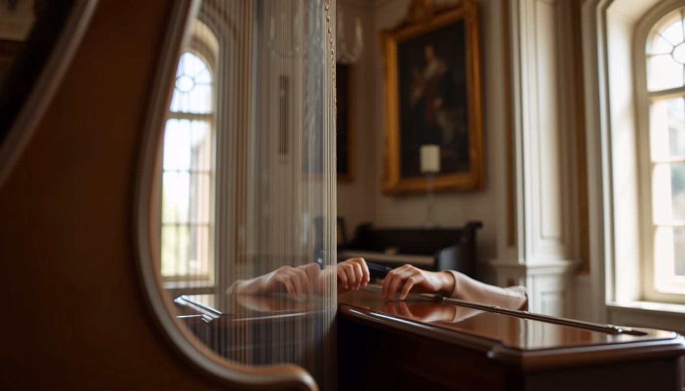 harpsichord baroque in editorial style