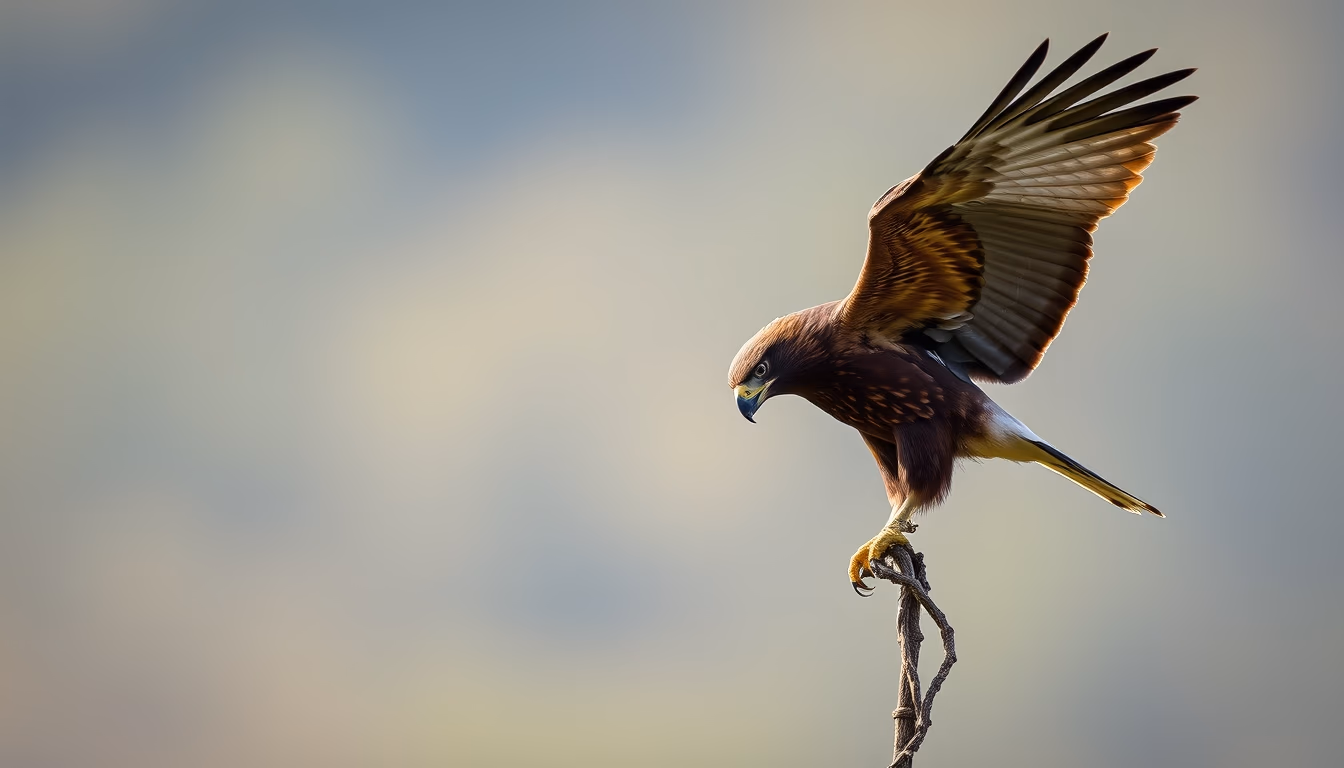 harris hawk perched in editorial style