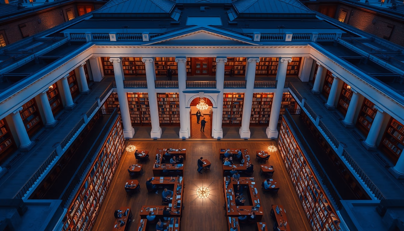 harvard library reading room in editorial style
