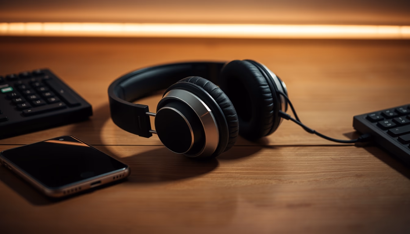 Fones em mesa de madeira minimalist em estilo editorial