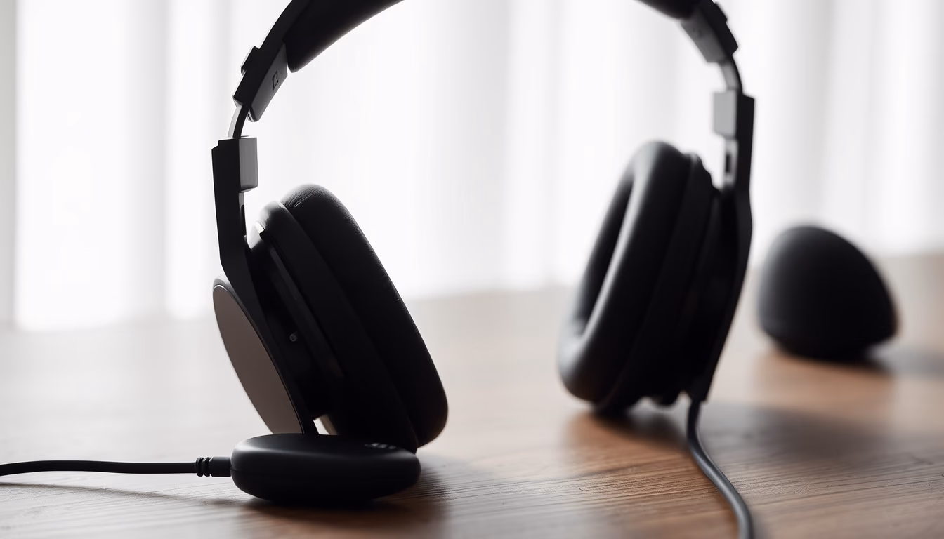 headphones on wooden desk minimalist in editorial style