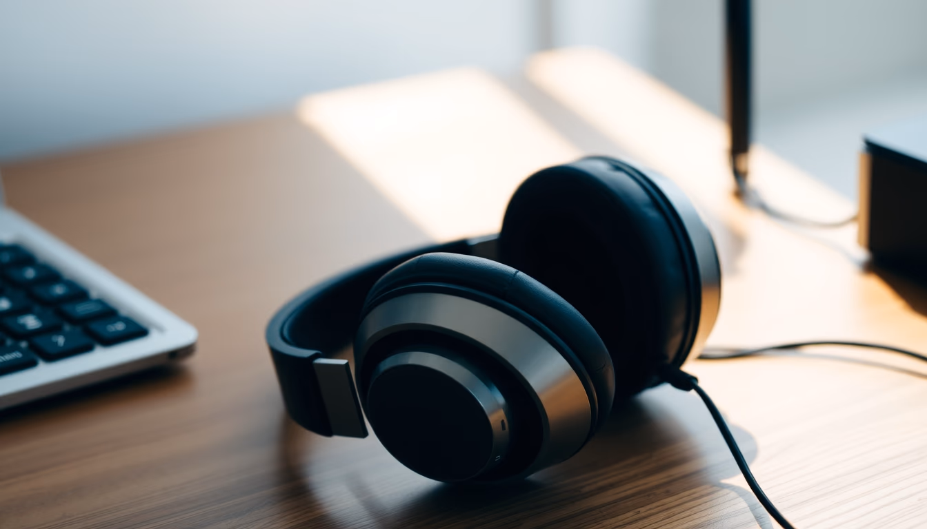 Fones em mesa de madeira minimalist em estilo editorial