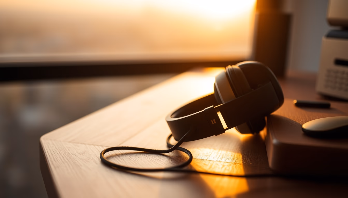 headphones on wooden desk minimalist in editorial style