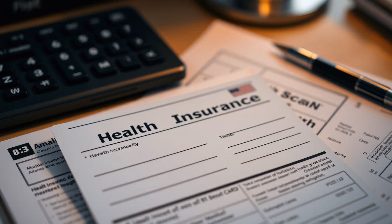 health insurance card on a desk with medical bills in editorial style