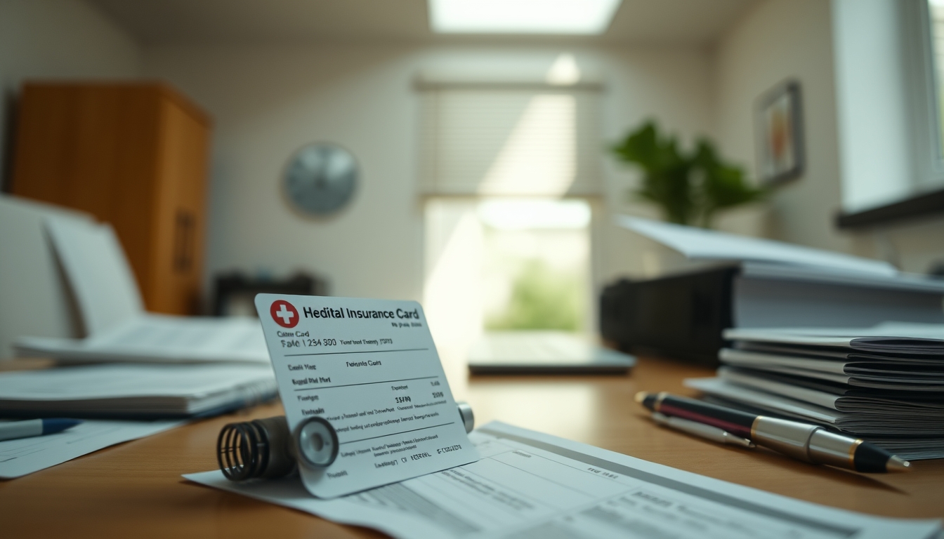 Health insurance card on a desk with medical bills em estilo editorial