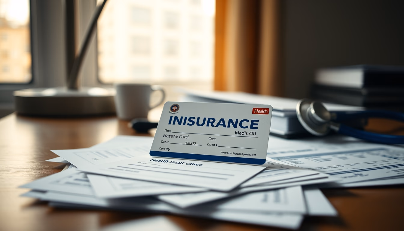 health insurance card on a desk with medical bills in editorial style