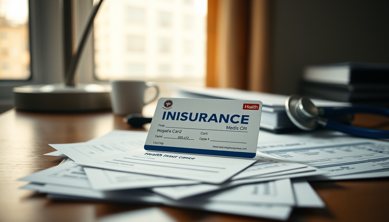 Health insurance card on a desk with medical bills em estilo editorial
