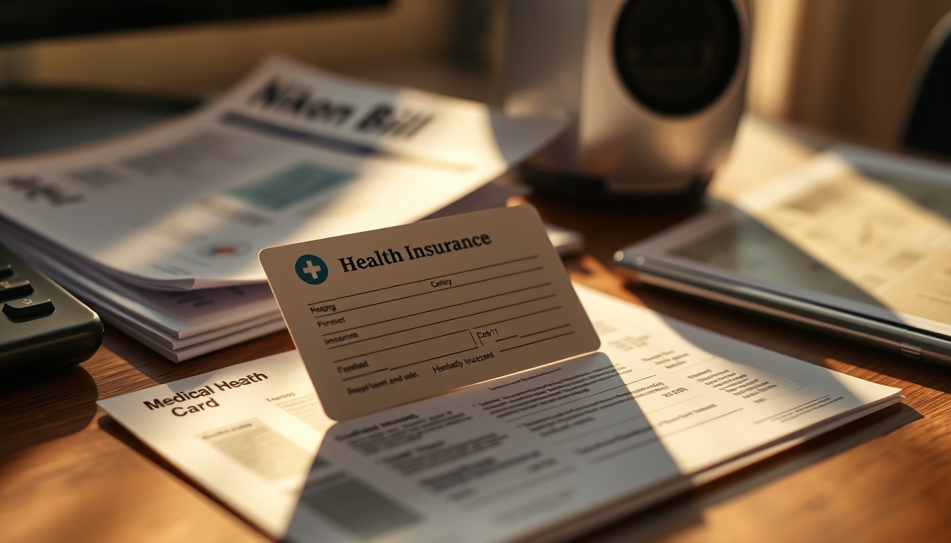 Health insurance card on a desk with medical bills em estilo editorial