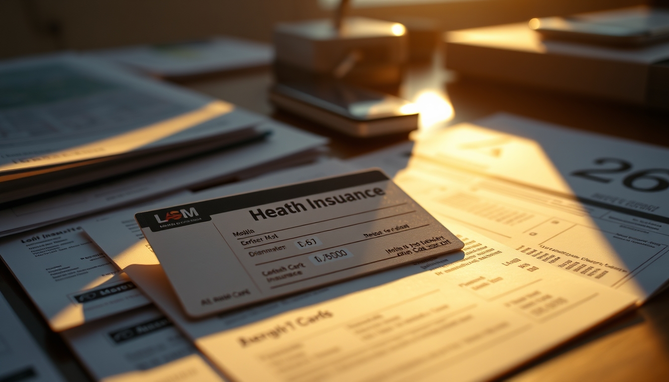 Health insurance card on a desk with medical bills em estilo editorial