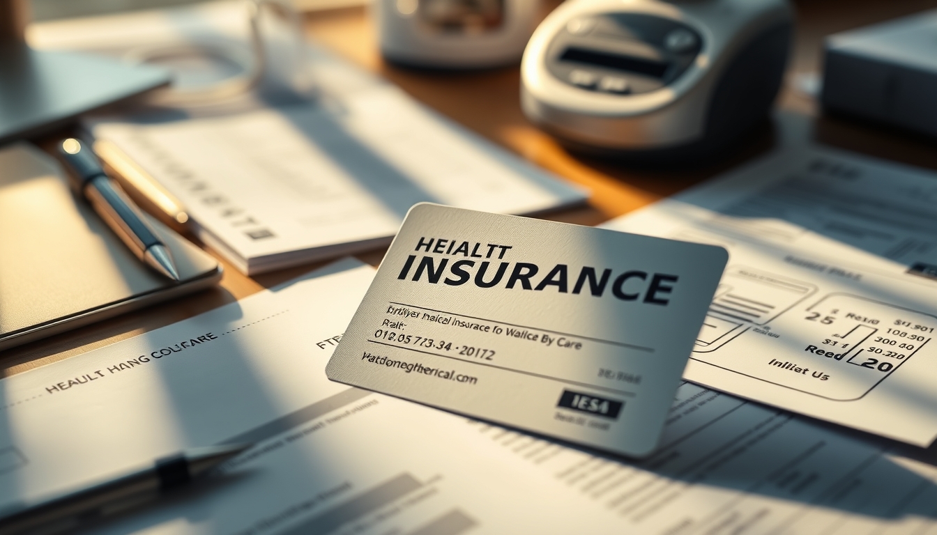 Health insurance card on a desk with medical bills em estilo editorial