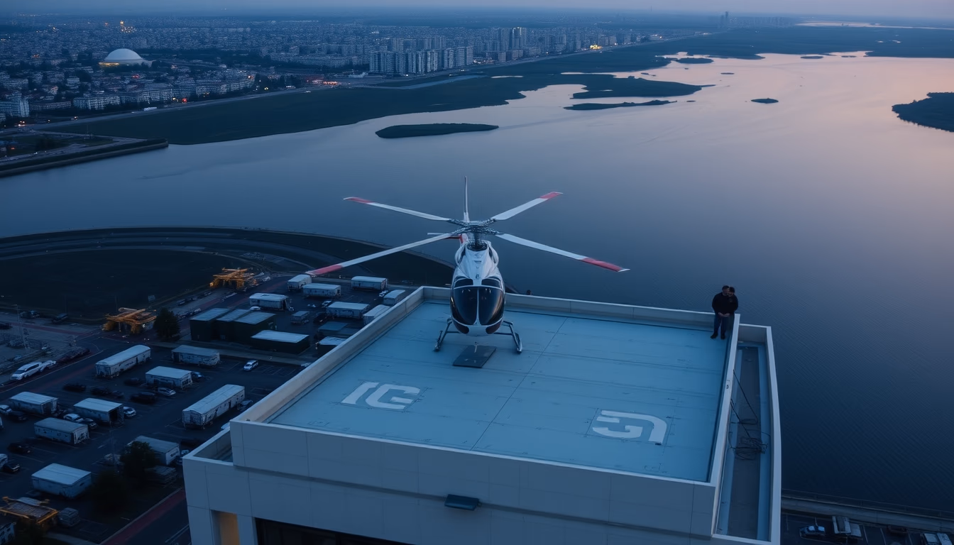 helicopter heliport rooftop in editorial style