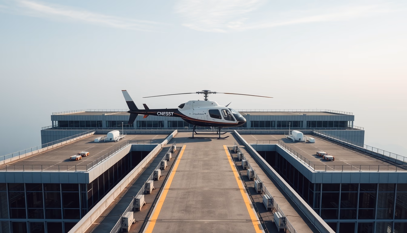helicopter heliport rooftop in editorial style