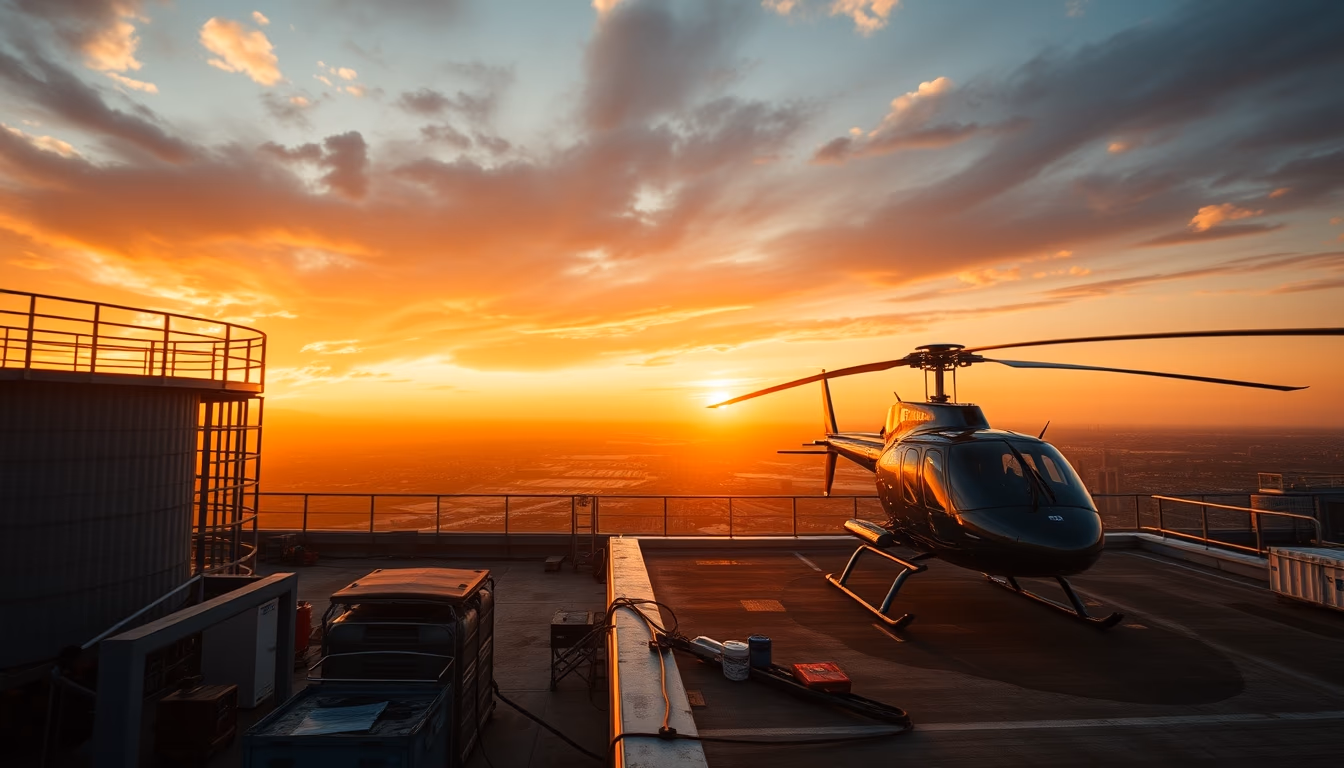 helicopter heliport rooftop in editorial style