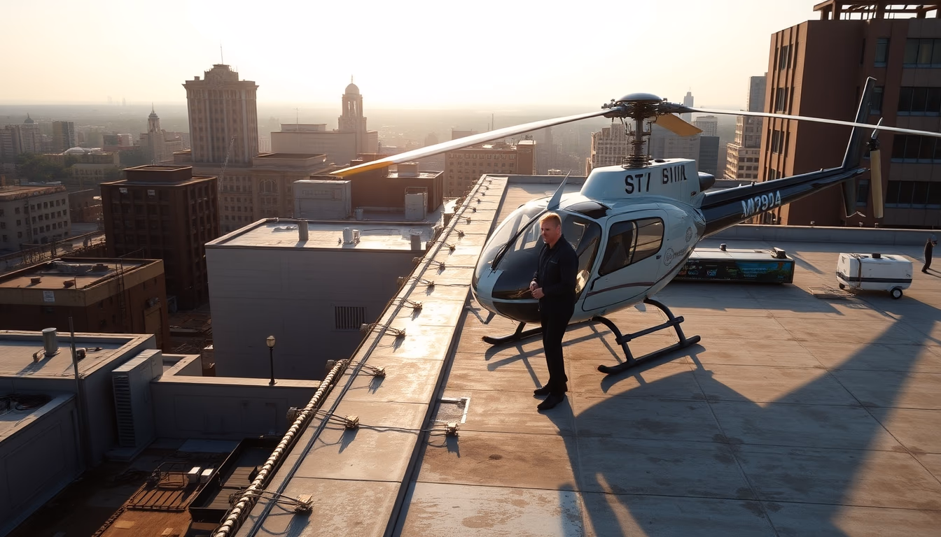 helicopter heliport rooftop in editorial style