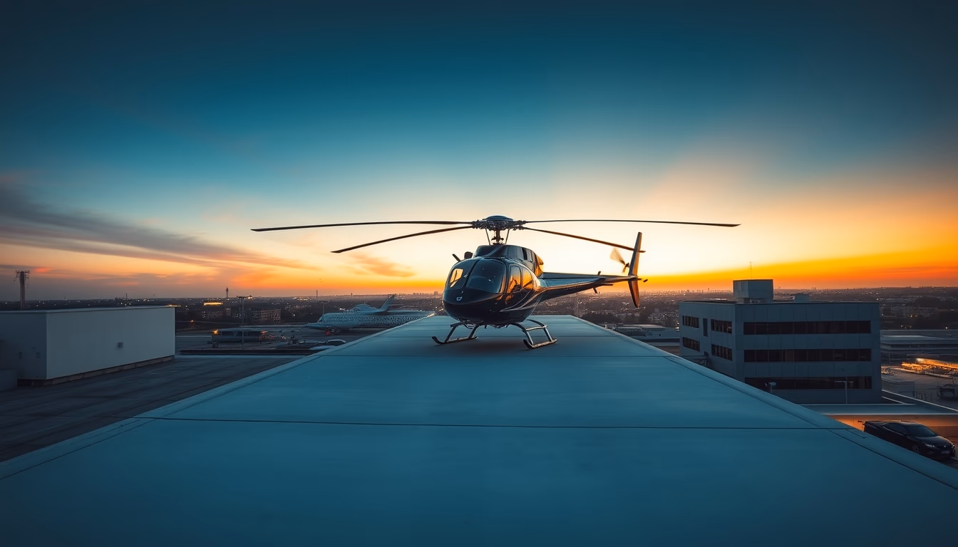 helicopter heliport rooftop in editorial style