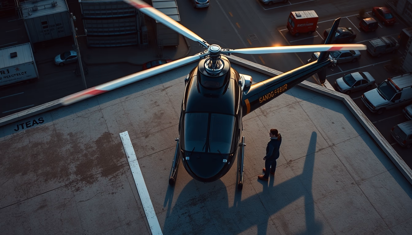 helicopter heliport rooftop in editorial style