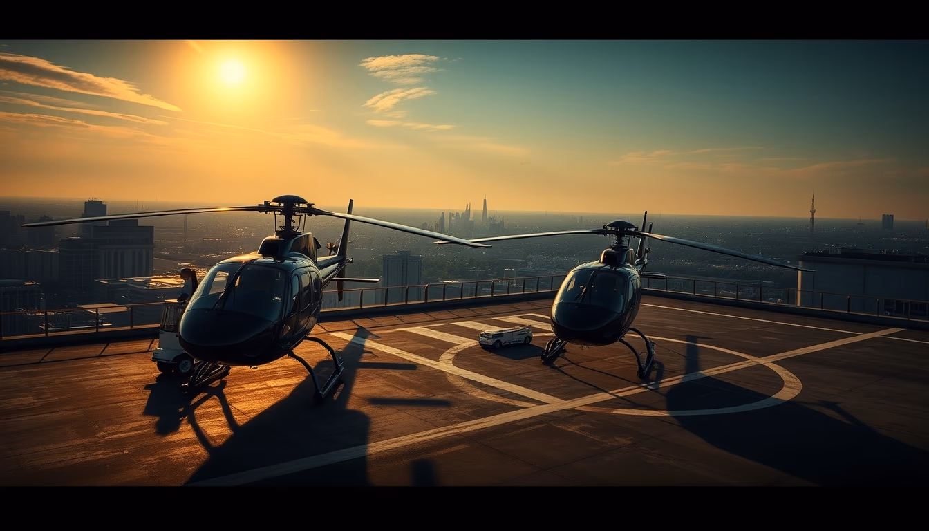 helicopter heliport rooftop in editorial style