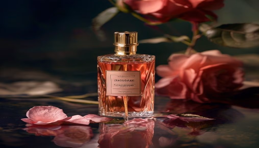 Henry jacques rose ambree flacon em fotografia editorial de luxo