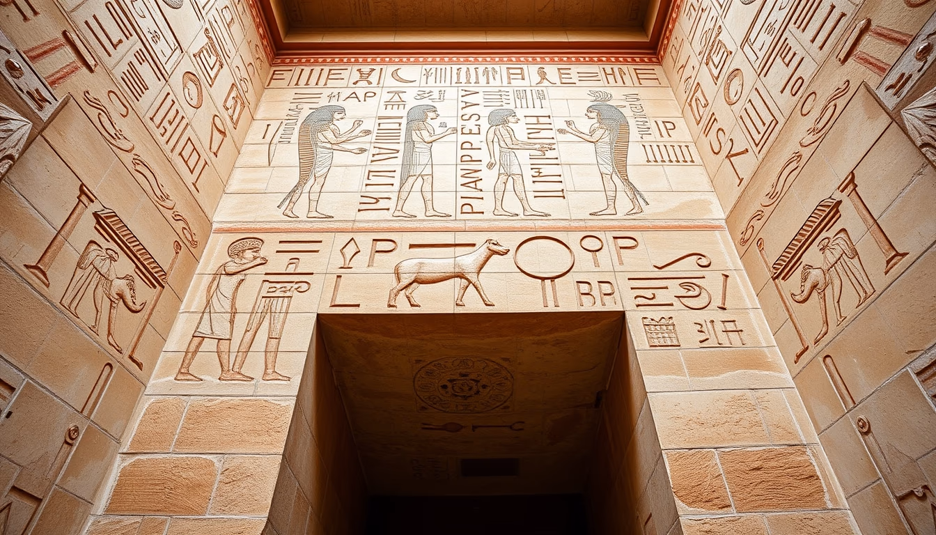 hieroglyphs egyptian wall in editorial style