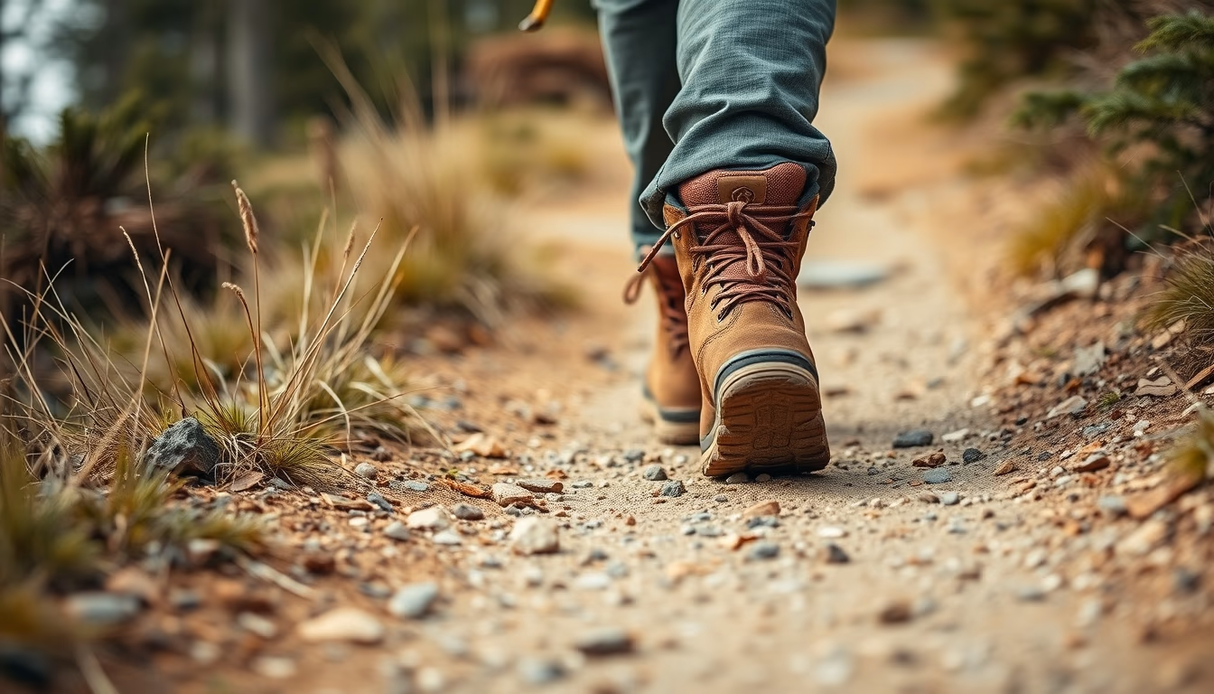 hiking boots on trail in editorial style