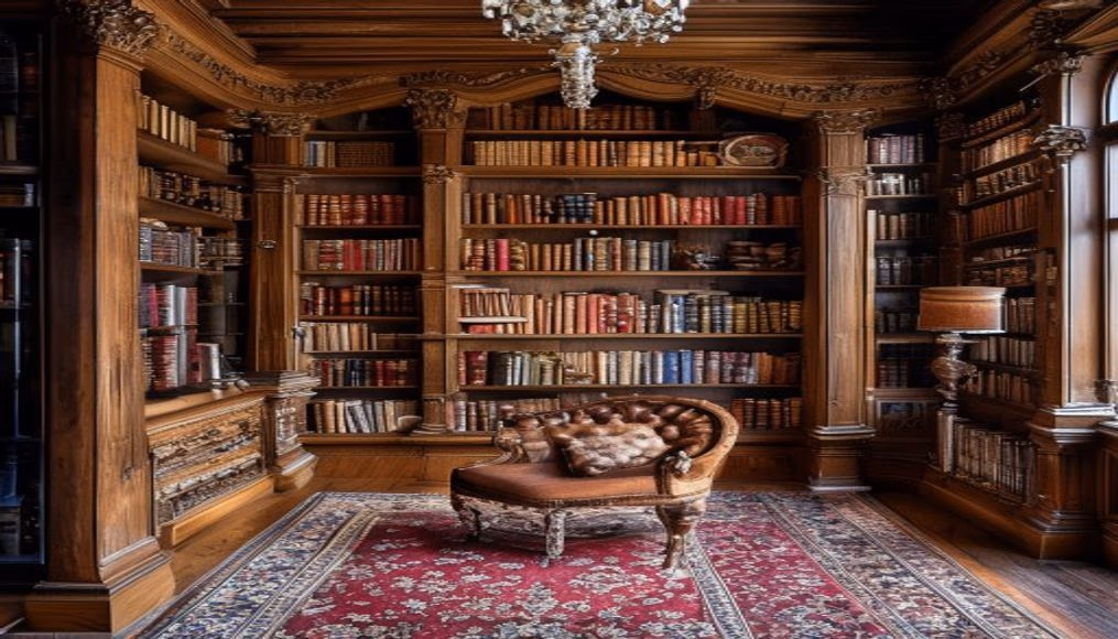 Home library oak floor to ceiling em fotografia editorial de luxo