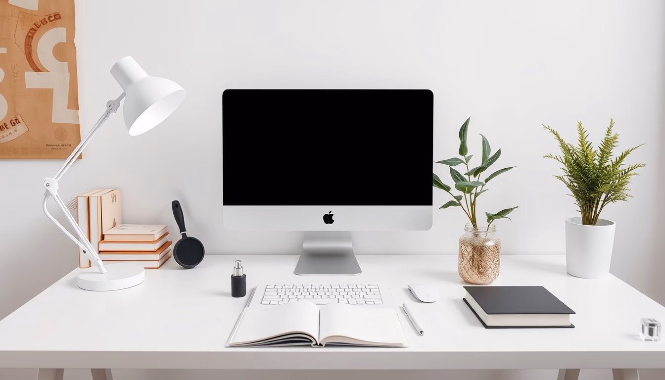 home office setup minimalist in editorial style