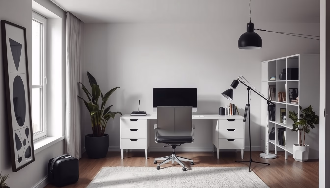 home office setup minimalist in editorial style