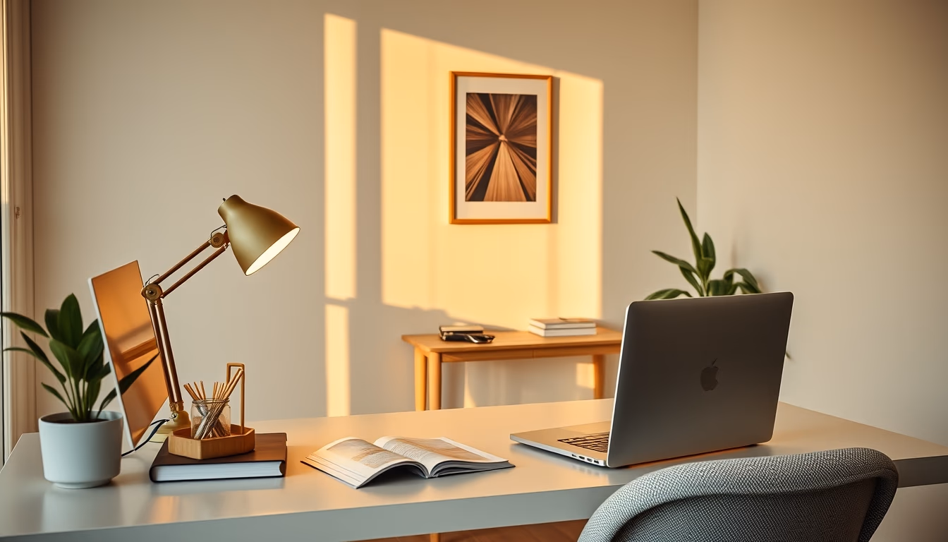 home office setup minimalist in editorial style