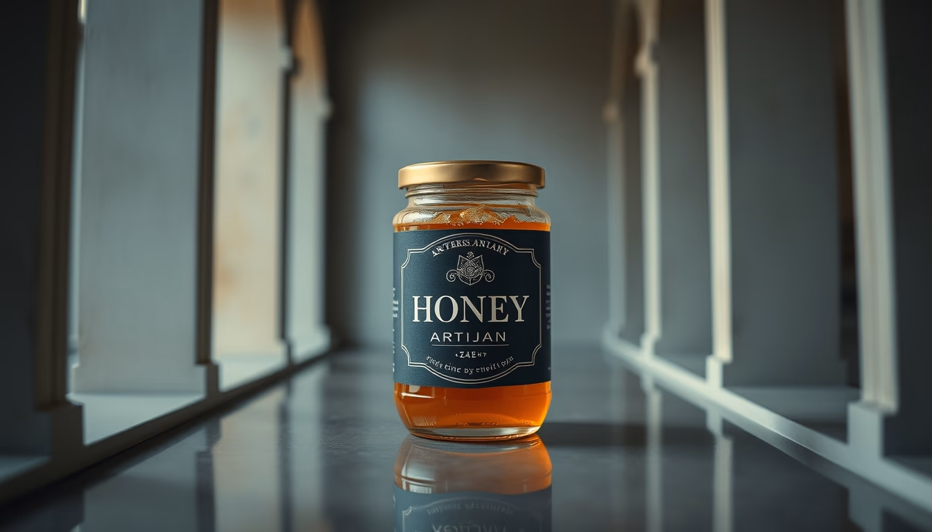 honey jar artisan label in editorial style