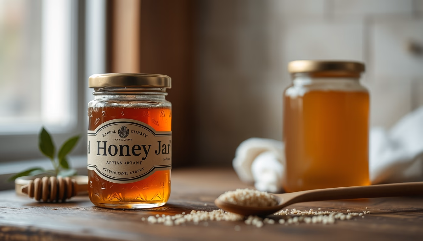 honey jar artisan label in editorial style