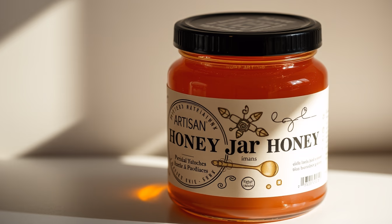 honey jar artisan label in editorial style