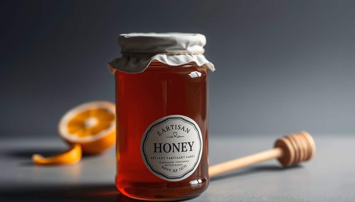 honey jar artisan label in editorial style