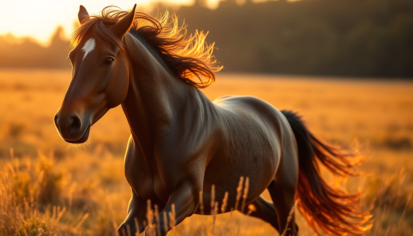 horse running through field in editorial style