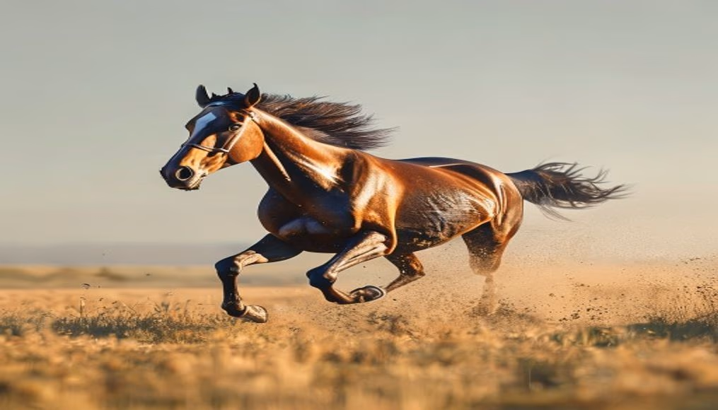 horse running through field in editorial style