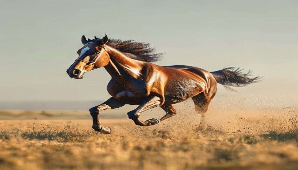 Horse running through field em estilo editorial