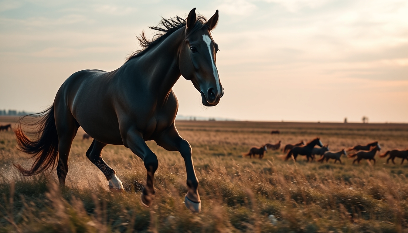 horse running through field in editorial style