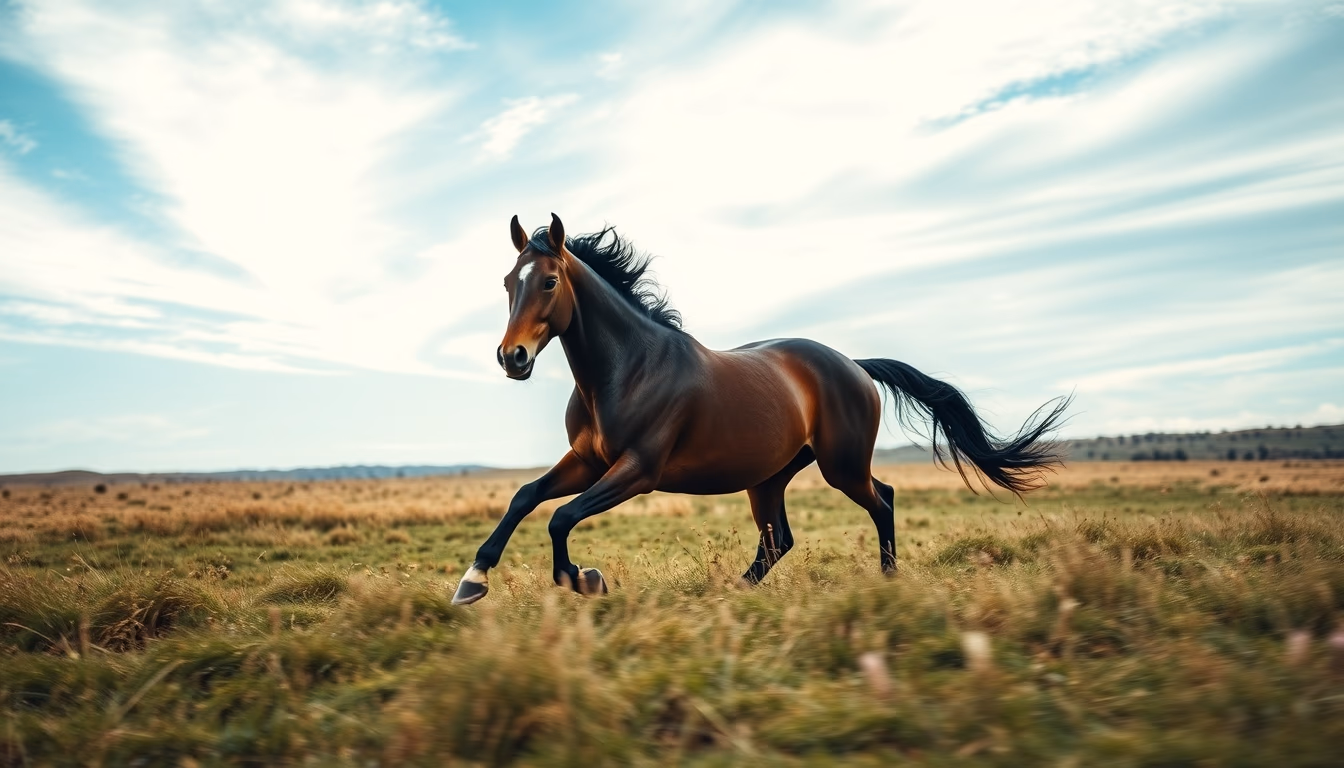 horse running through field in editorial style