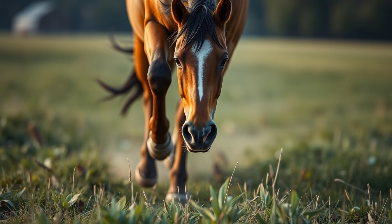 horse running through field in editorial style