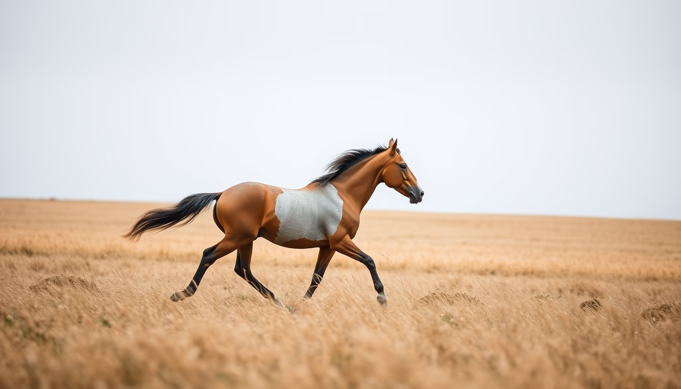 horse running through field in editorial style