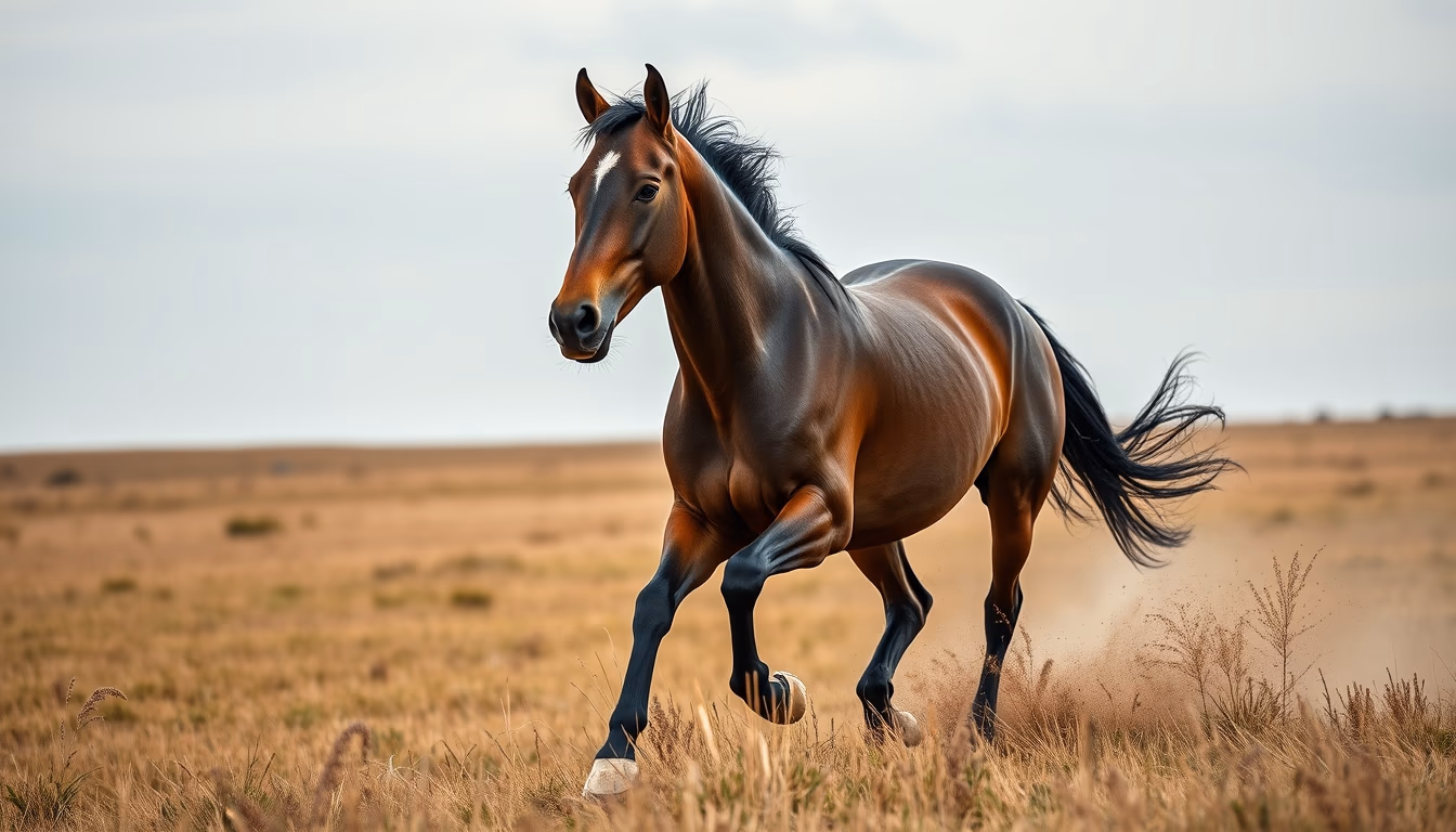 horse running through field in editorial style