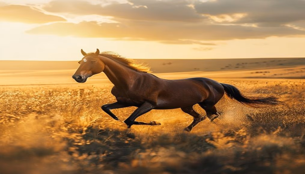 horse running through field in editorial style