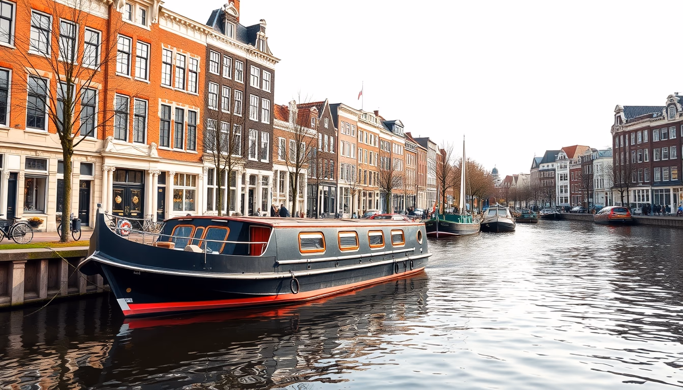 houseboat amsterdam canal in editorial style