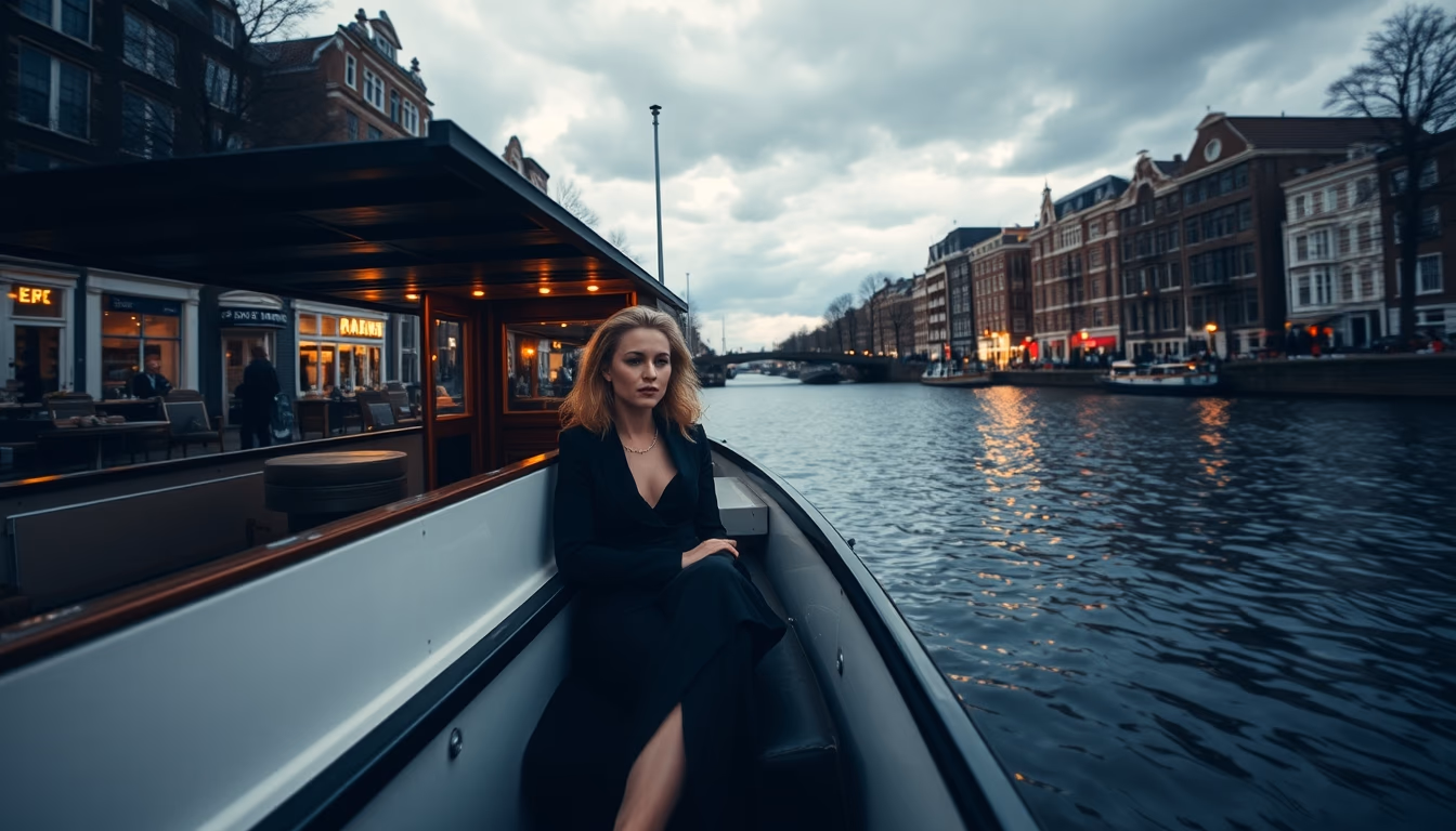 houseboat amsterdam canal in editorial style