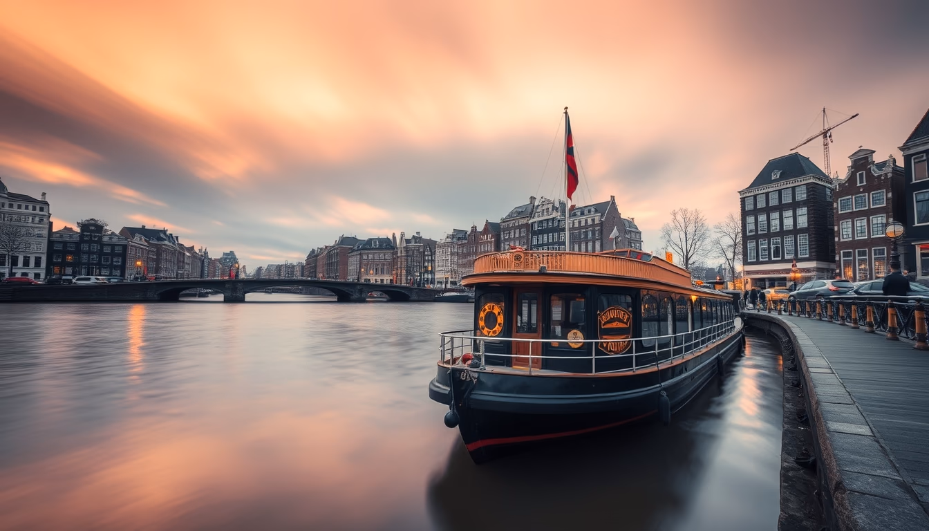 houseboat amsterdam canal in editorial style