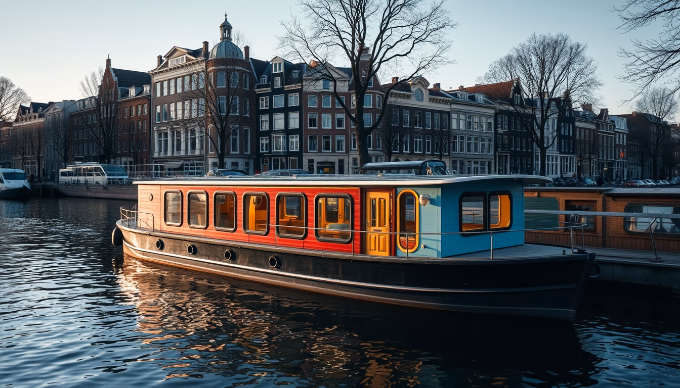 houseboat amsterdam canal in editorial style