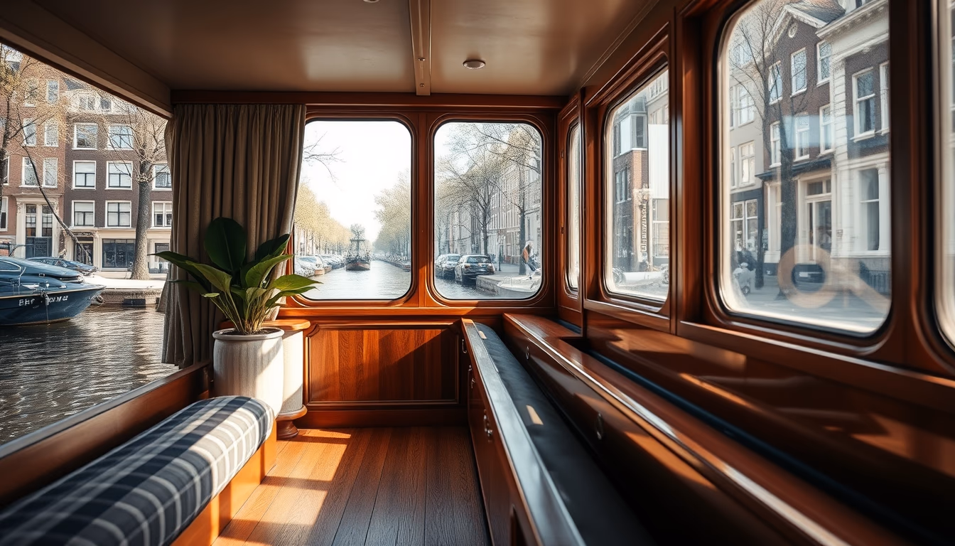houseboat amsterdam canal in editorial style